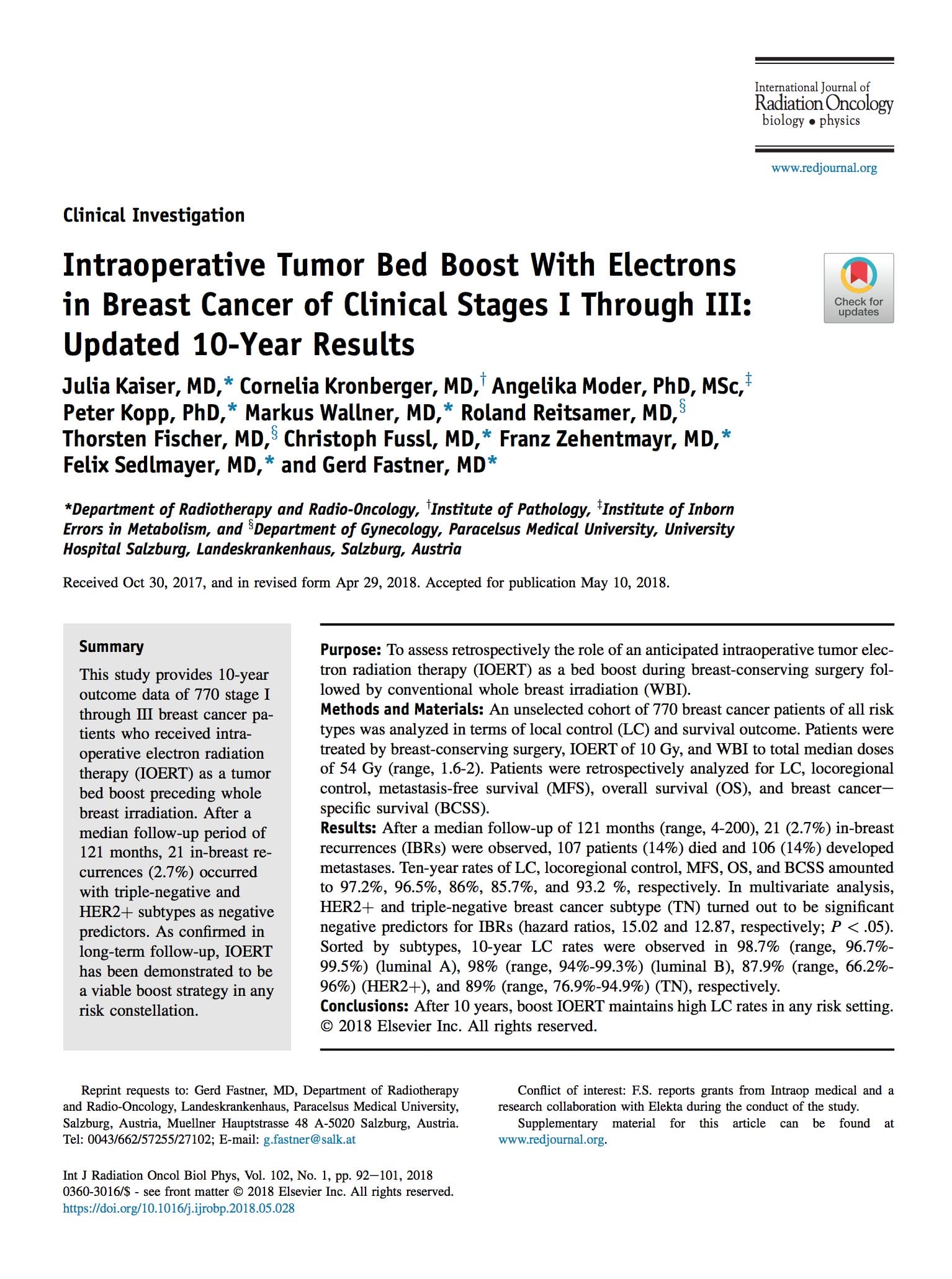 IORT with Electrons in Breast Cancer: 10 year results